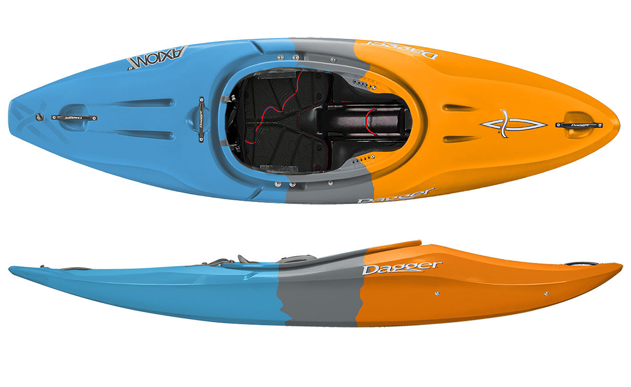 Dagger axiom 6.9 kids size kayak in mirage (blue stern, grey middle, orange bow)