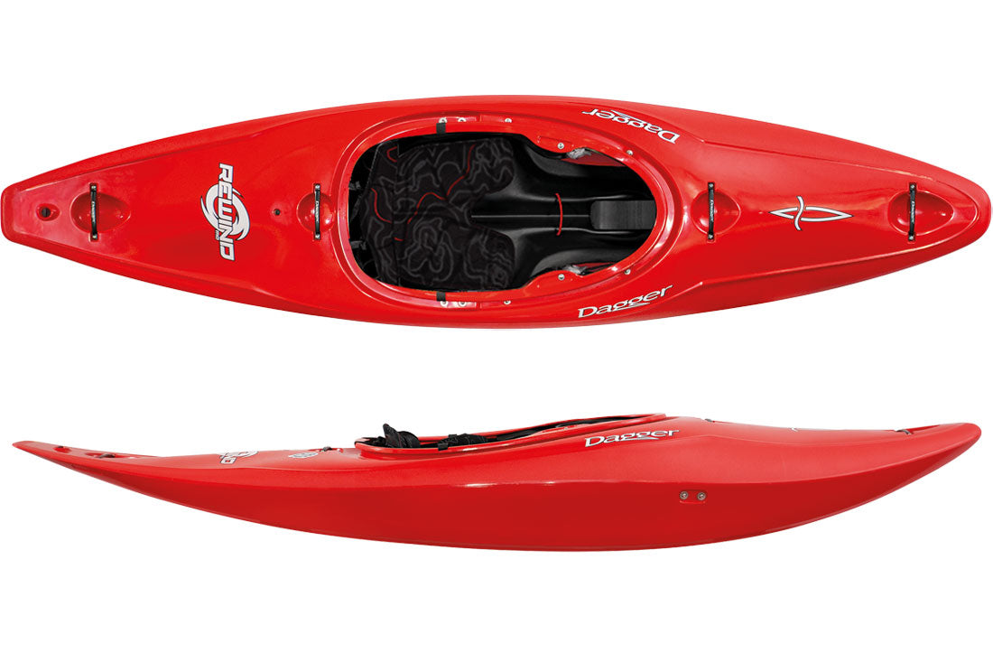 The Dagger Rewind Acion+ kayak shown from the side and from above in the Red colour