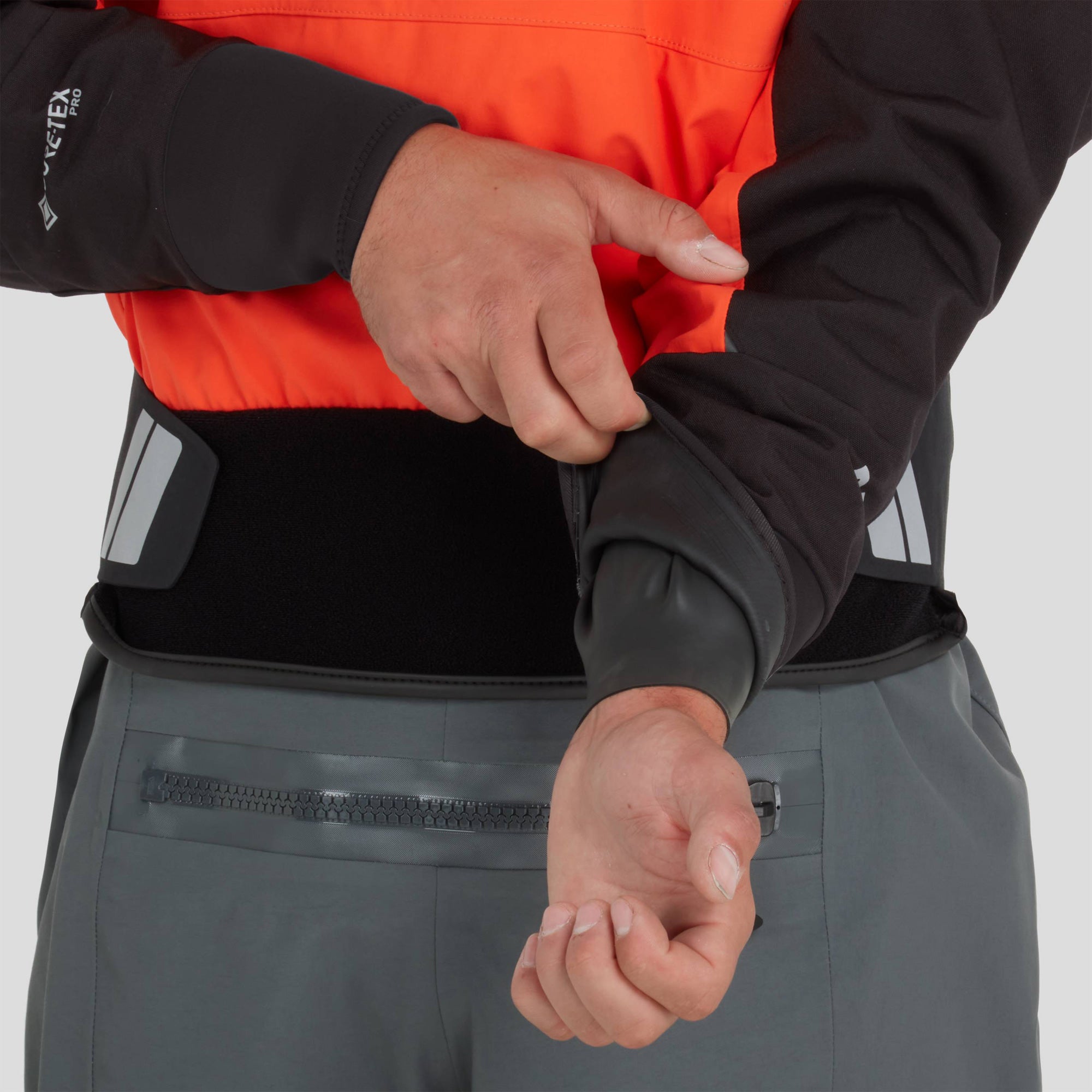 Wrist cuffs on an NRS Phenom suit with neoprene cover