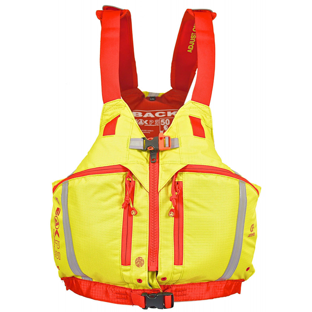 The Explorer Zip PFD from Peak PS in the Lime and Red colour option.