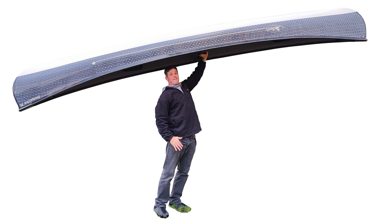 1 handed overhead lifting a Prospector 16 Swift Canoe