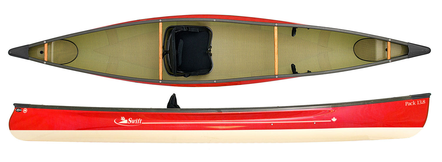 a Swift canoe pack 13.8 shown in a two-tone ruby and champagne colour scheme
