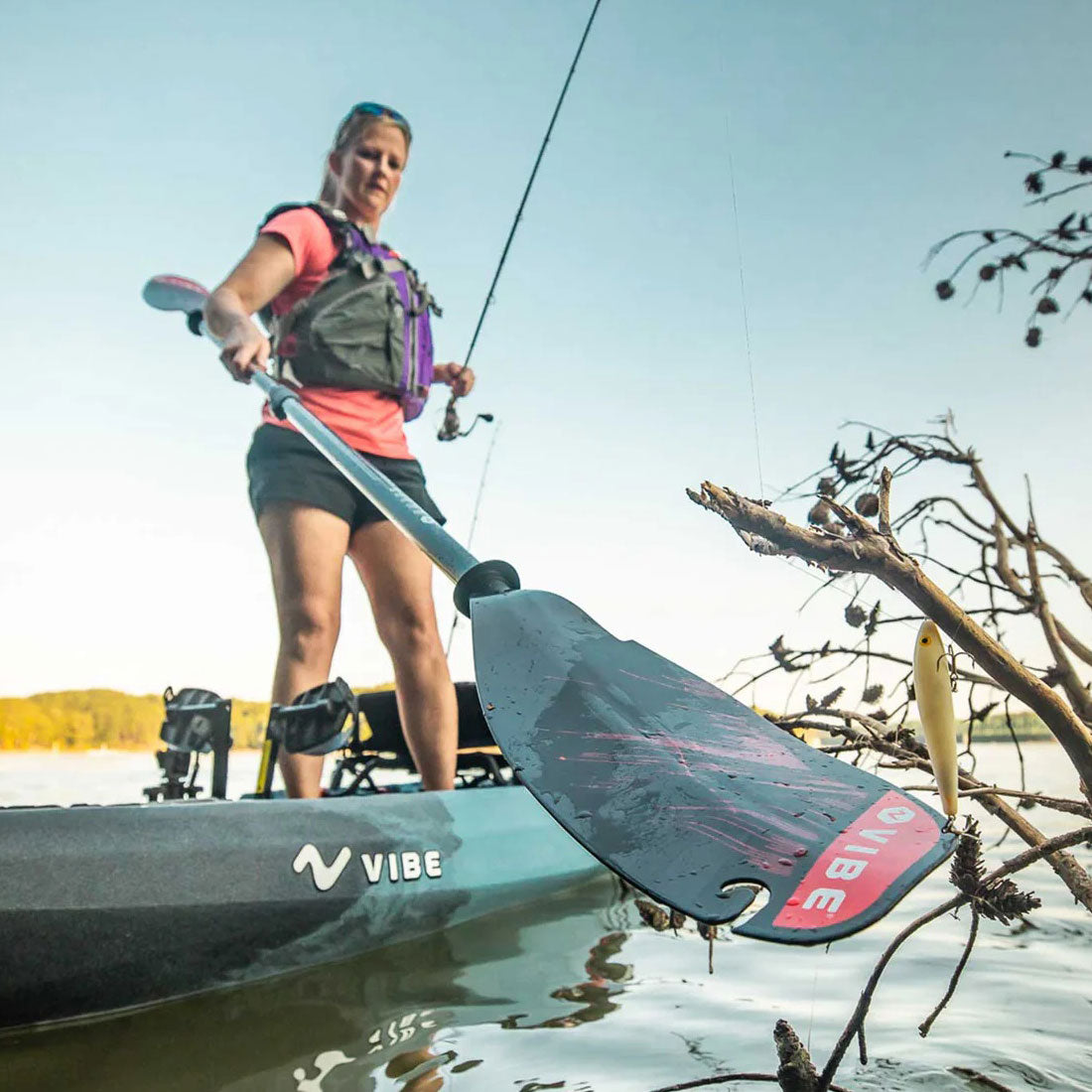 Line hook function in use to detangle line out of reach, on the Vibe Carbon Ember paddle