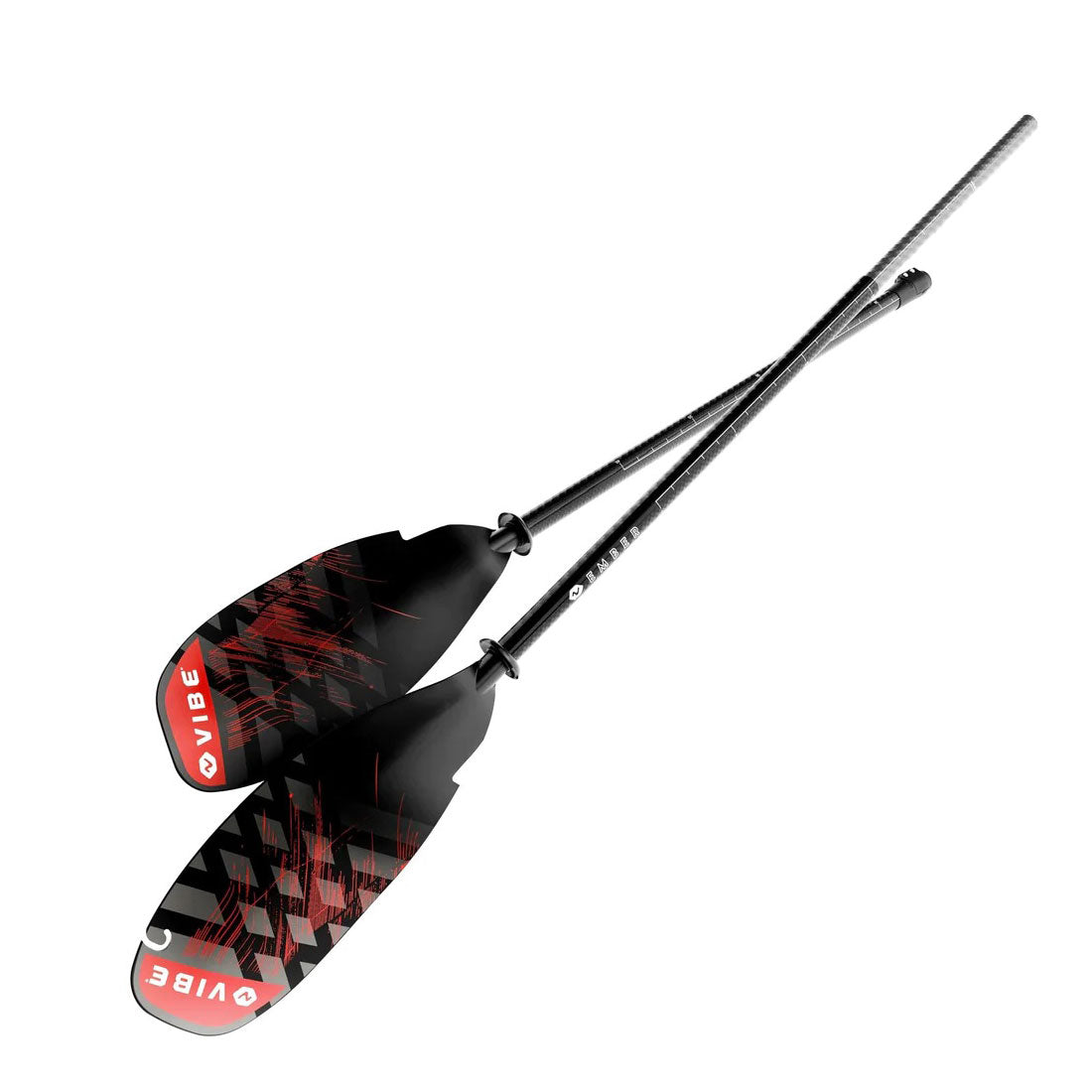 Entire vibe carbon kayak paddle in Tsunami Red showing the split function, fish ruler and detailing