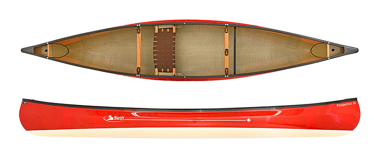 Swift Canoes Prospector 14 in the Kevlar Fusion material finished in Ruby and Champagne with the optional extras of a footbar and mount package.