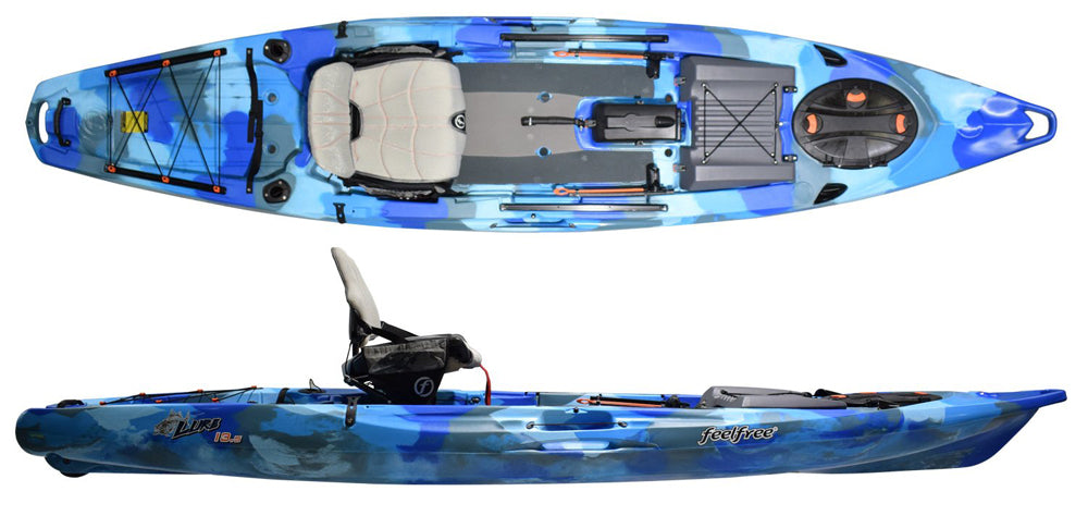 Feelfree Lure 13.5 in Ocean Camo showing adjustable Gravity Seat, Standing Platform and Front Console. 