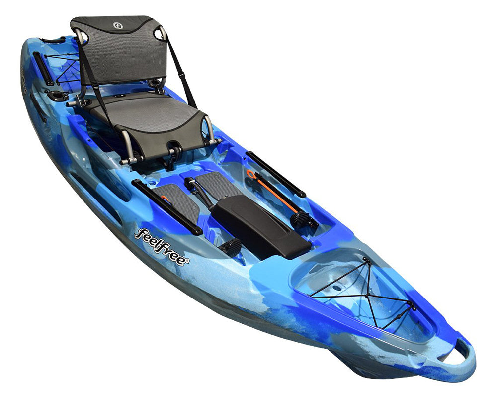 Feelfree Moken 10 V2 in Ocean Camo showing raised seat and removable tackle pod