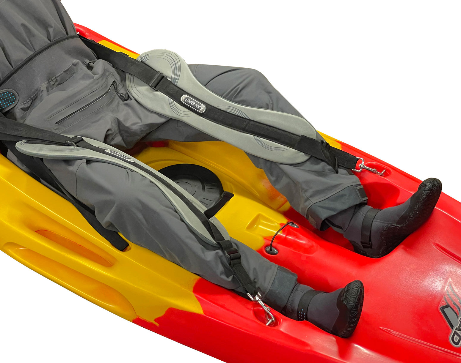 Feelfree Padded Thigh Straps shown in place over a paddler's legs
