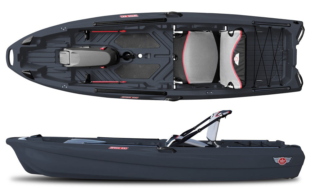 Jonny Boats Bass 100 in Charcoal showing tackle pod and standing pad.