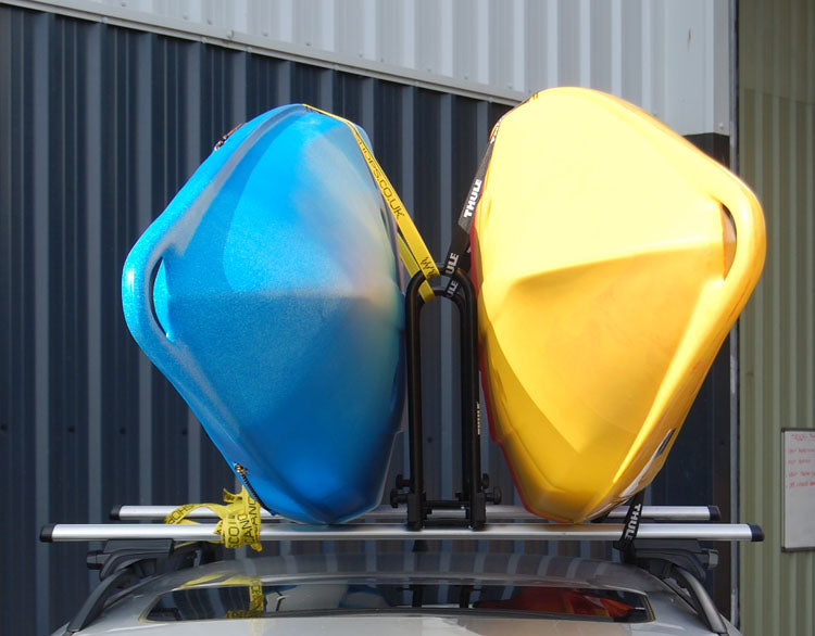 Thule Kayak Stacker with two sit on top kayaks demonstrating use