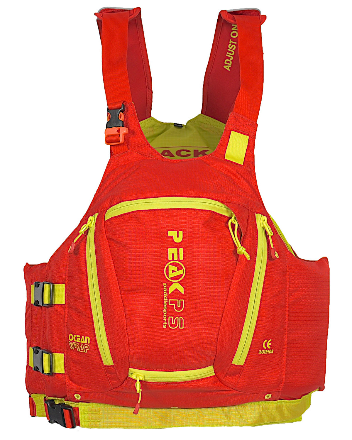 A red Peak Paddlesport's Ocean Wrap buoyancy aid with lime zips 