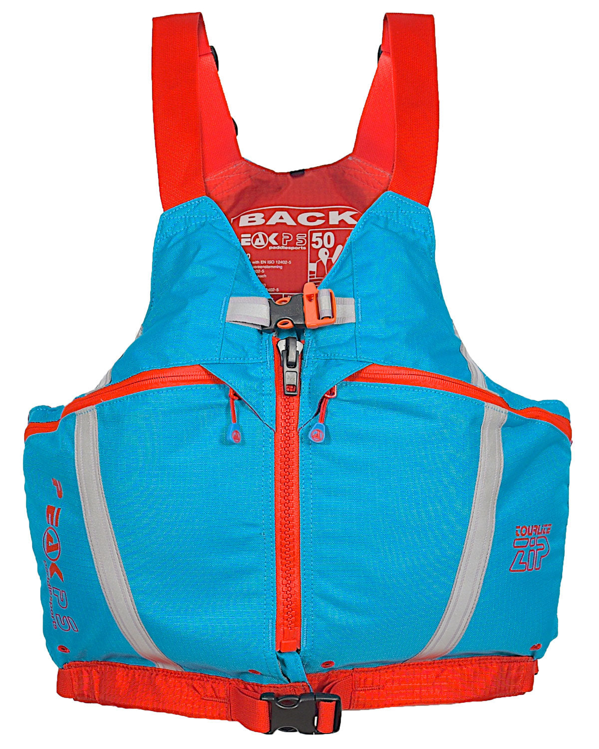 Peak Paddlesports' Tourlite Zip shown in blue with red zips
