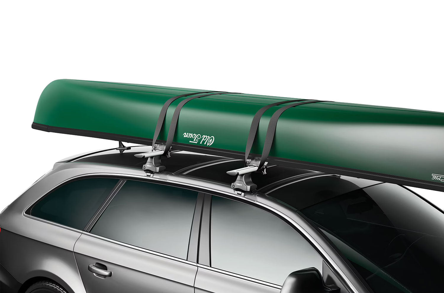 Thule Portage Canoe Rack with a Old Town canoe demonstrating the use of the carrier.
