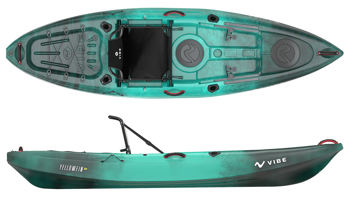 Side and topdown view of a Caribbean blue Vibe Yellowfin 110