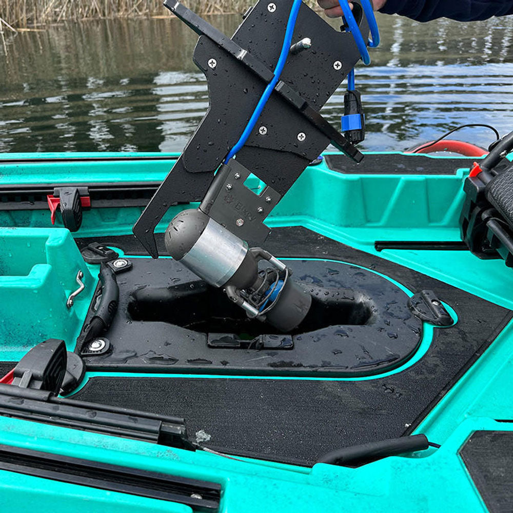 Bixpy Low Profile ThruHull motor adapter fitting into kayak with pedal drive system