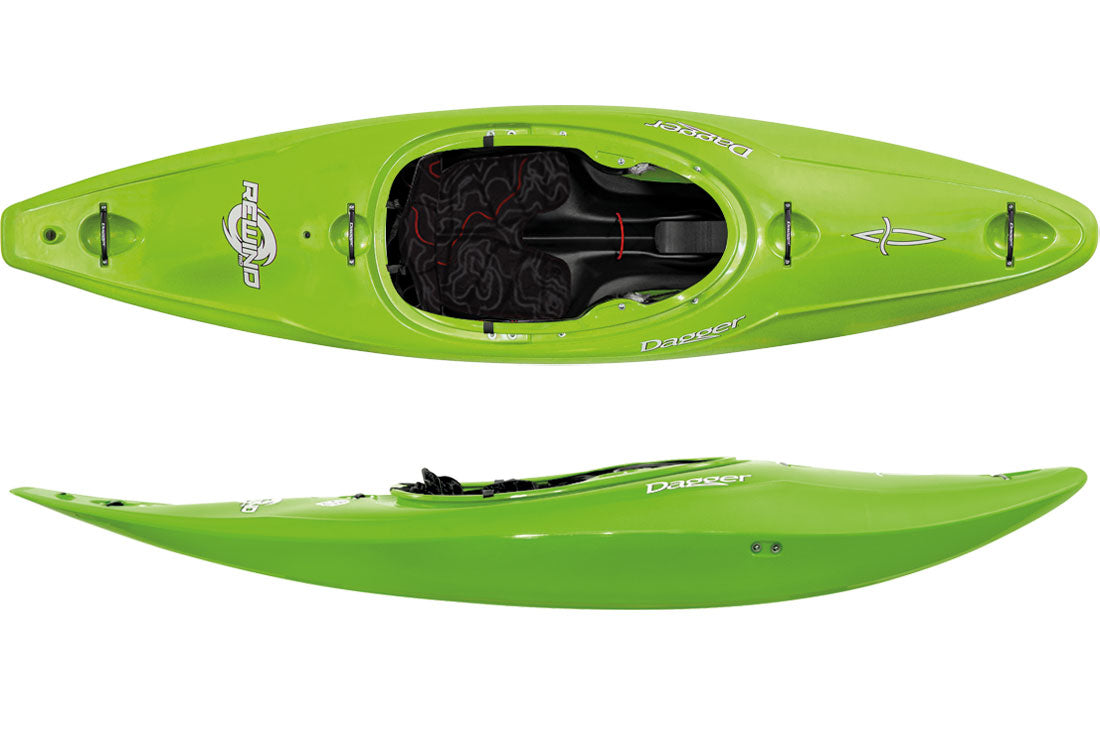 The Dagger Rewind Acion+ kayak shown from the side and from above in the Lime colour