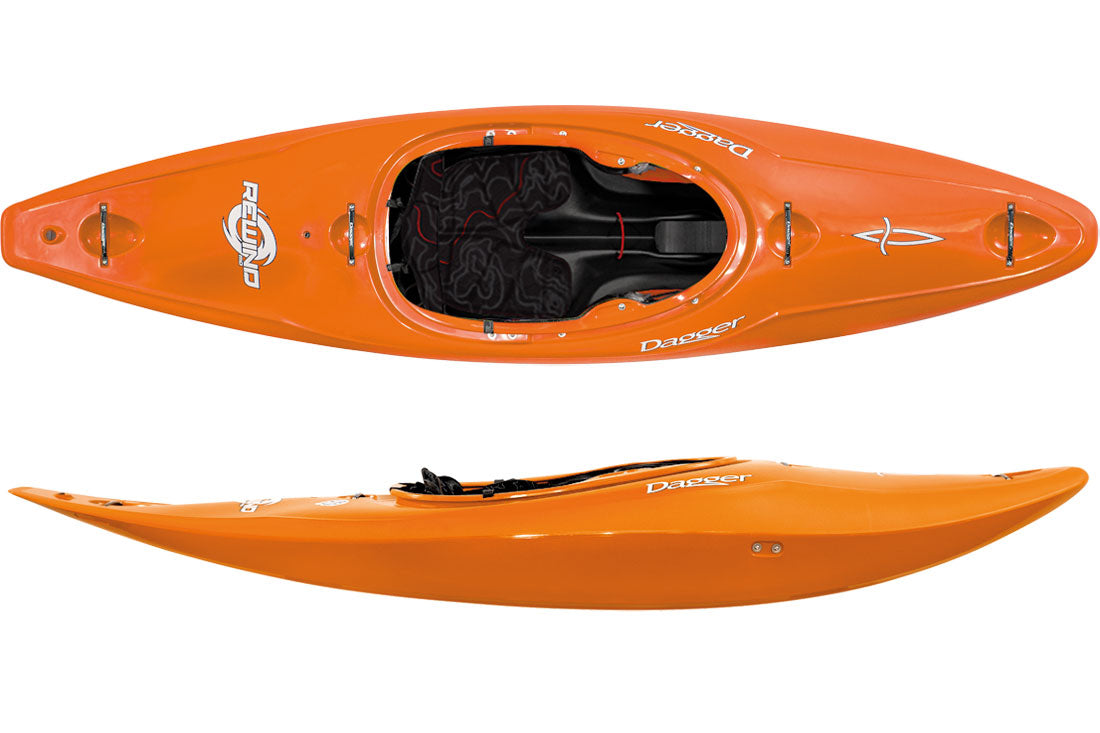The Dagger Rewind Acion+ kayak shown from the side and from above in the Orange colour
