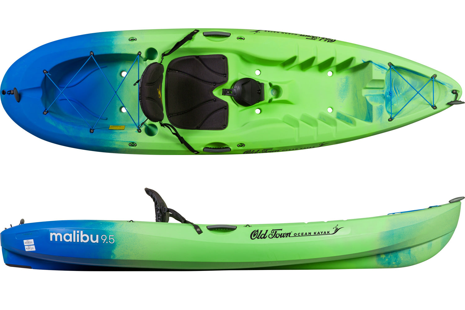 Two angles of the Ahi Colourcheme Ocean Kayak malibu 9.5 (Blue to green fade)
