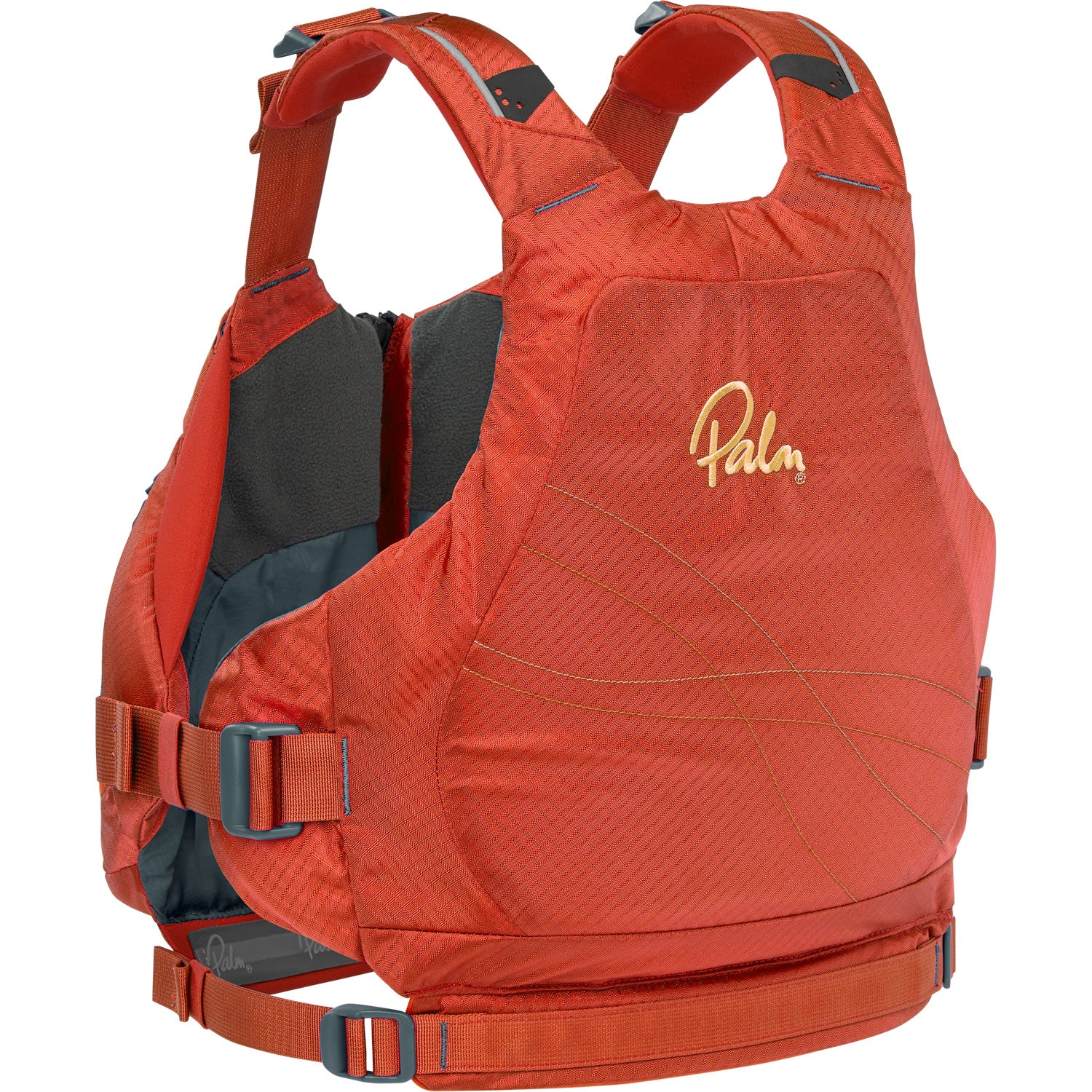 palm's Tangerine coloured PFD for women called the tika from the rear