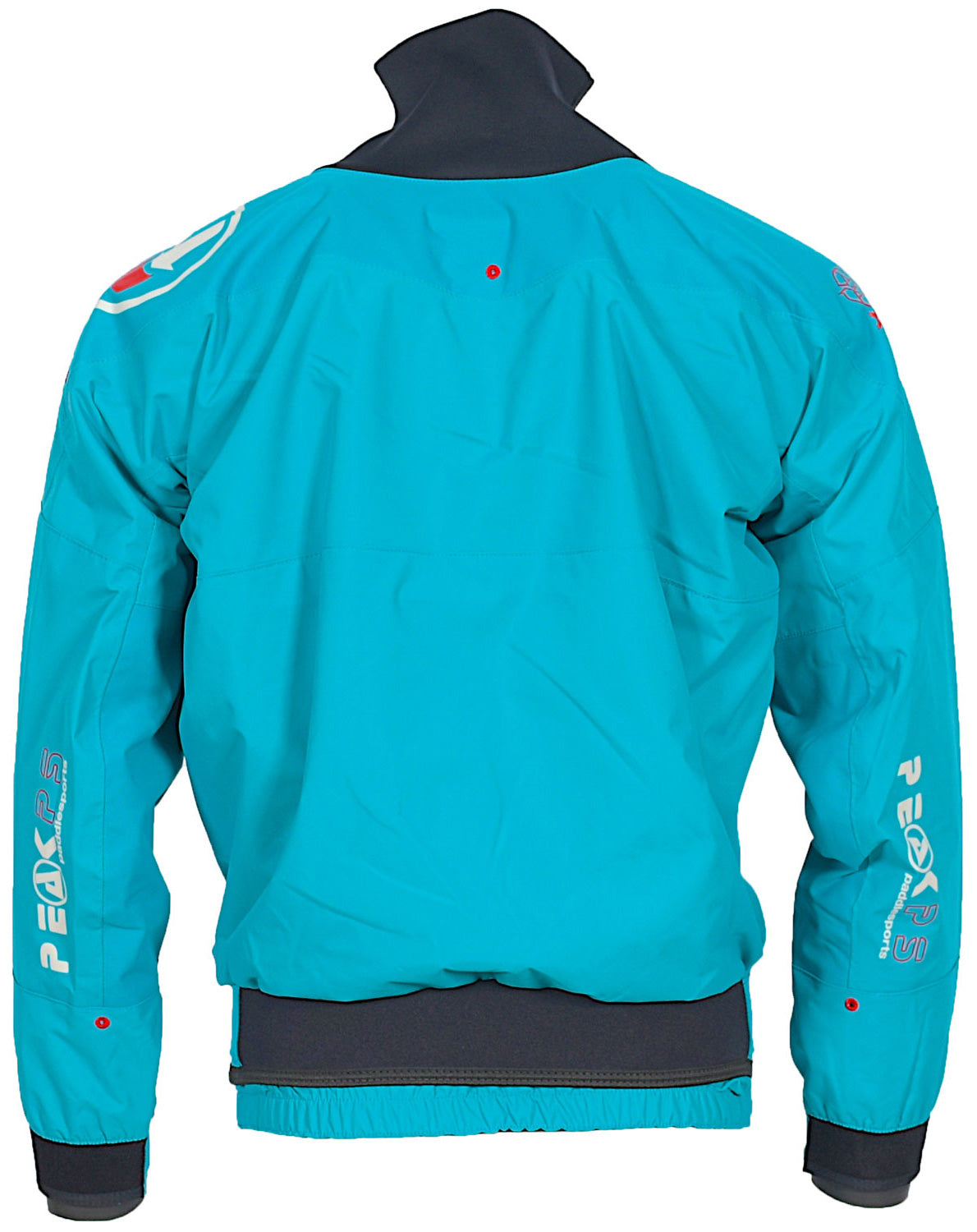 Rear view of the Peak Deluxe 2.5 layer blue whitewater jacket with red detailing