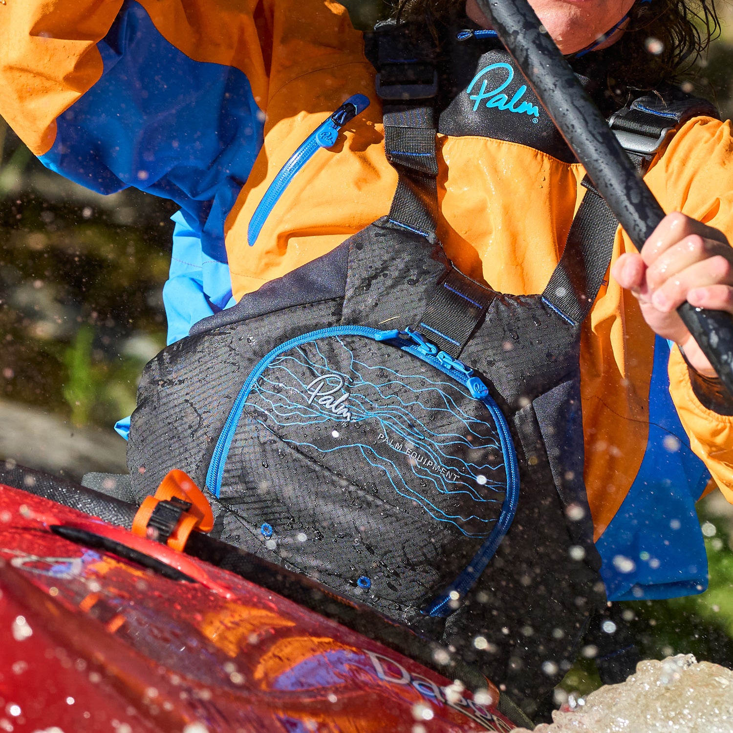 Close up of a whitewater kayaker clad in the palm riff