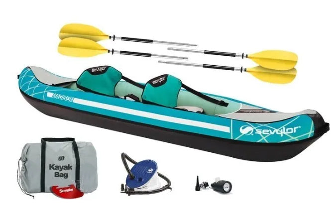 The Sevylor Madison 'Kit' includes paddles, pump, tracking fin, pressure gauge and bag
