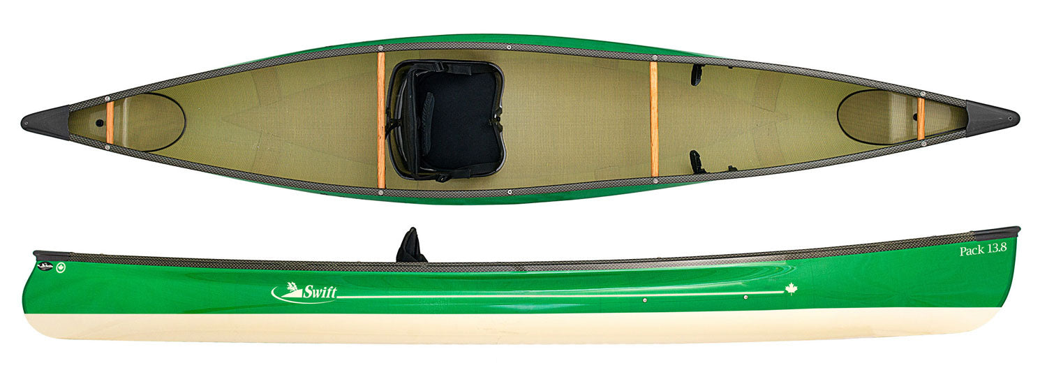 Swift cnaoe Pack 13.8 with kayak style seat shown with champagne below the waterline and emerald green above