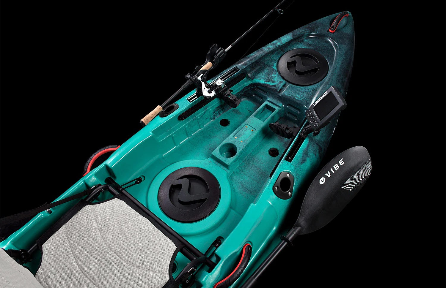 A rigged up Vibe Yellowfin 100 including a fishfinder, rod holder, rod and paddle (all sold seperately)