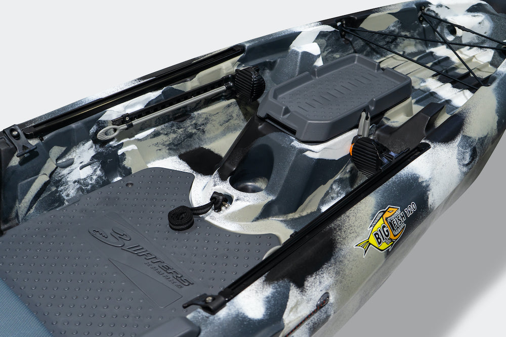 3Waters Big Fish 120 Stable Fishing Kayak in Urban Camo showing tackle pod and standing platform 