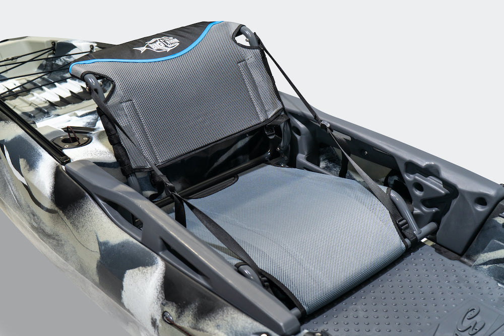 3Waters Big Fish 120 Stable Fishing Kayak in Urban Camo showing EZ-Rider adjustable seat