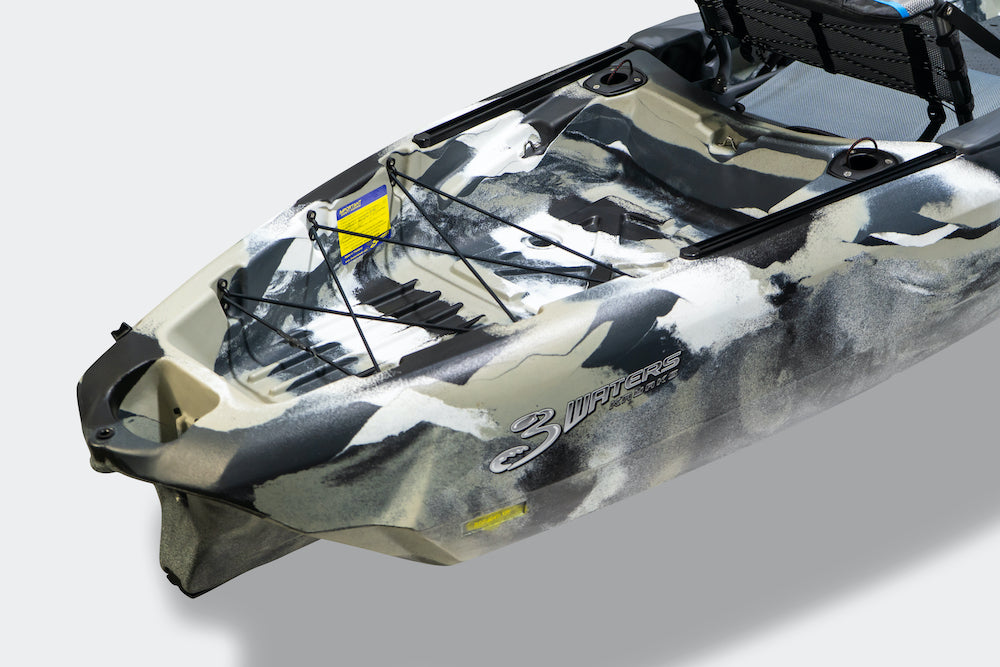 3Waters Big Fish 120 Stable Fishing Kayak in Urban Camo showing flush mount rod holders and rear storage