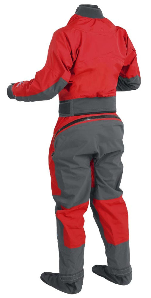 The Back of the Palm Cascade Womens Drysuit with the Curved Relief Zipper