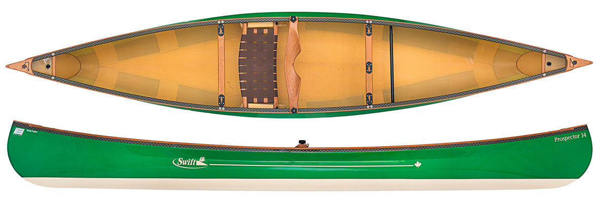 Swift Canoes Prospector 14 Kevlar Fusion in Emerald over Champagne with a number of optional extras including, detachable yoke, mounting pack, carbon footbar and cherry inlayed gunwales
