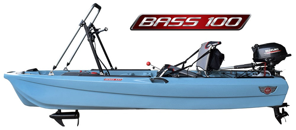 Jonny Boats Bass 100 kitted with optional Suzuki outboard, Standing Rig and Jonny Pod Trolling Motor Drive