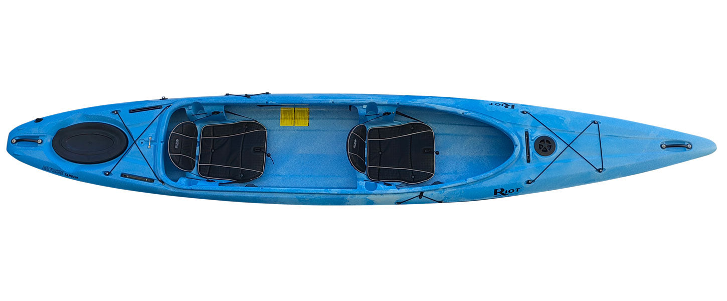 Top view of the Riot Kayaks Bayside Tandem in Blue/White 