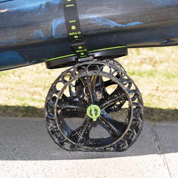 Railblaza C-Tug Sandtrakz Trolley showing how the flexible outer rim spreads the weight across a wider area than a standard wheel