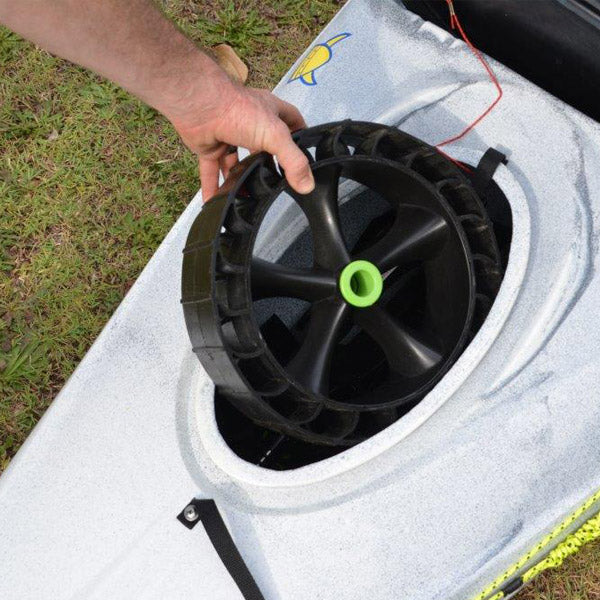 Railblaza C-Tug Sandtrakz Wheel being loaded into a Viking Kayak hatch 