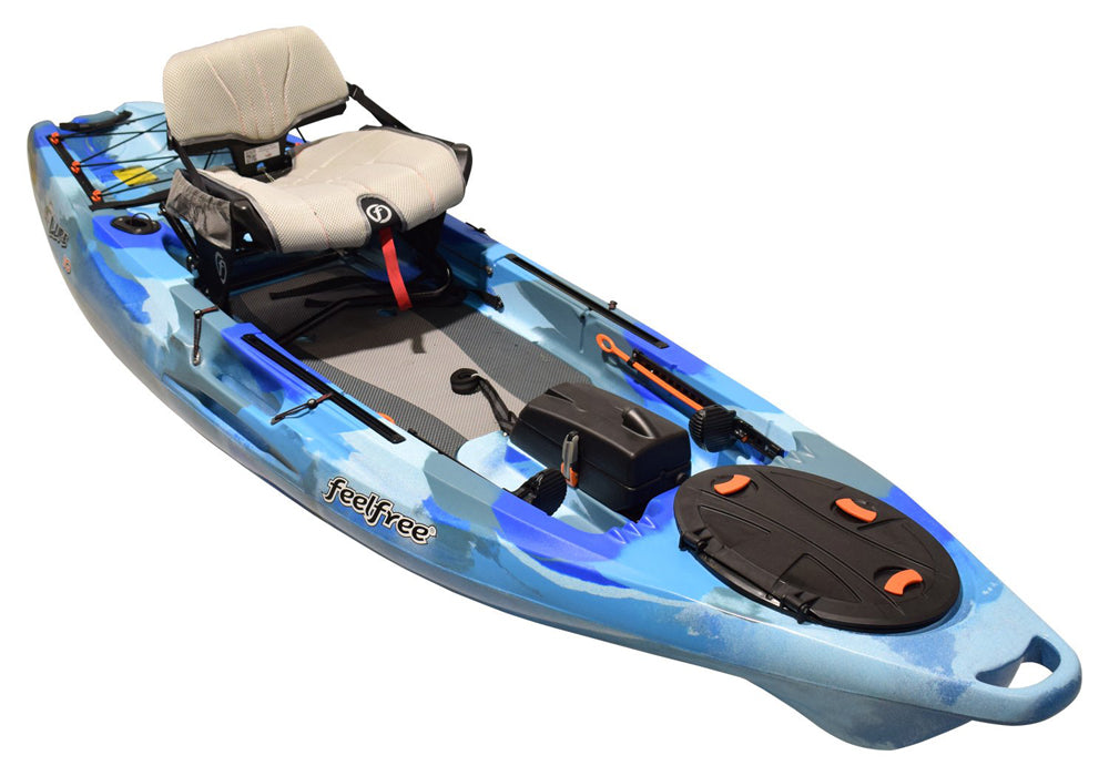 Feelfree Lure 10 V2 in Ocean Camo showing deck outfitting including Gravity Seat and removable Tackle Pod.