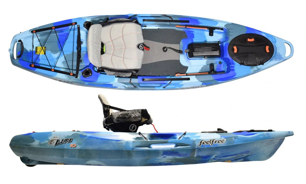 Feelfree Lure 10 V2 in Ocean camo with stable Standing Platform and Gravity Seat.