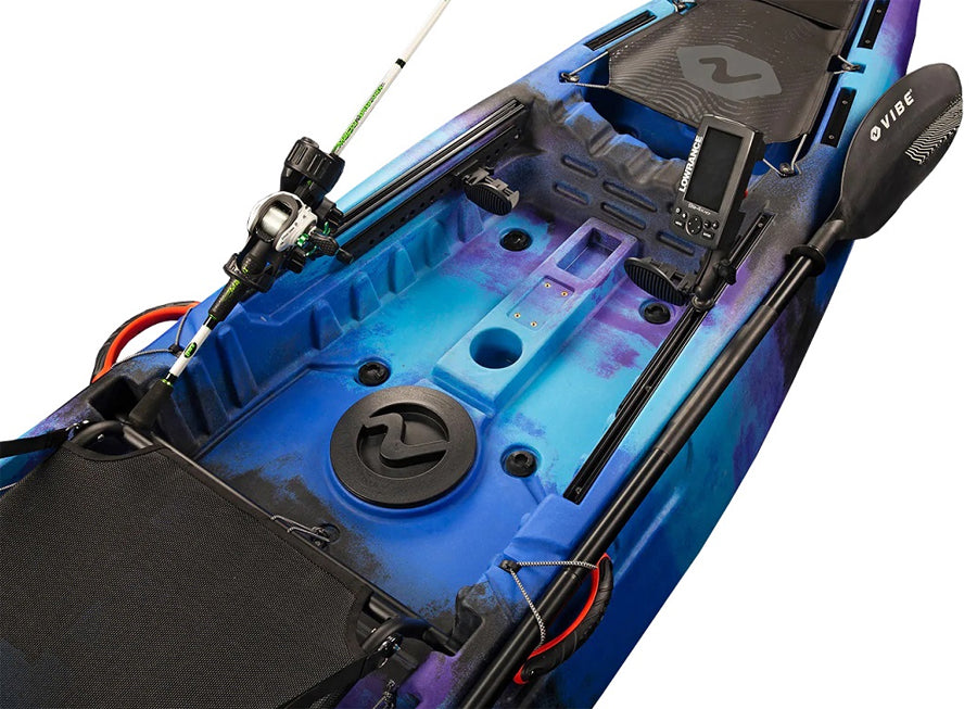  Vibe Yellowfin cockpit area showing rod holder and fishfinder on the slide tracks