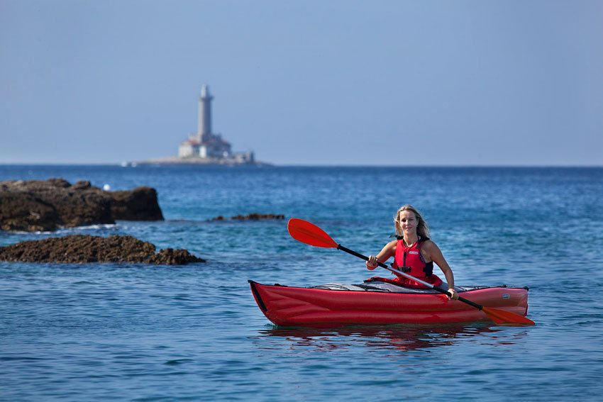 Paddling the Framura on the coast with the spray deck fitted