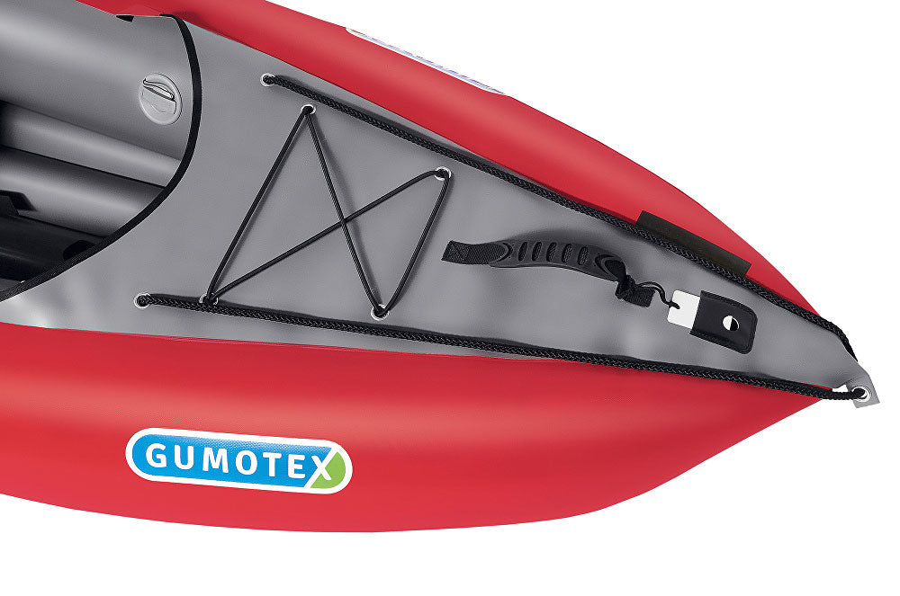 Gumotex Solar showing rear spray protector with carry handles and bungees