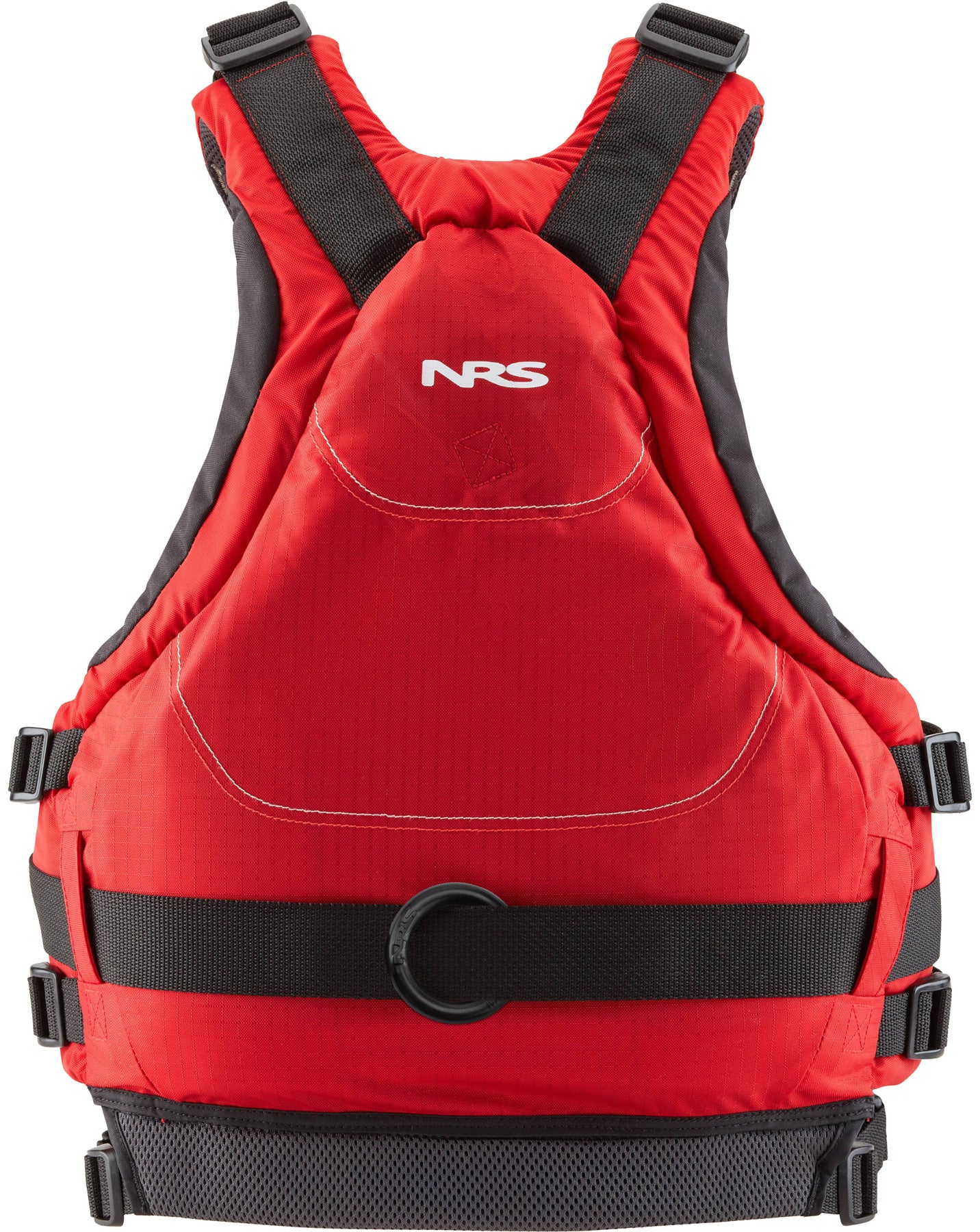 The Quick release belt, steel loop and back of the red NRS Zen PFD