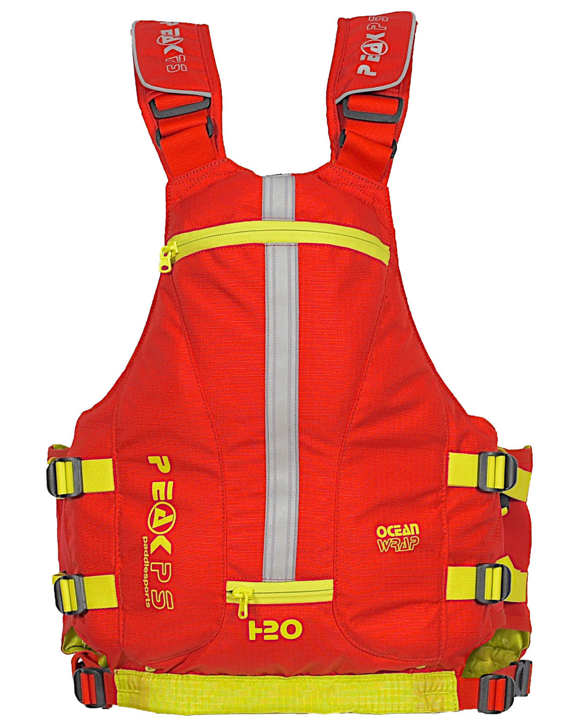 The rear of the Peak PS Ocean wrap in red/lime