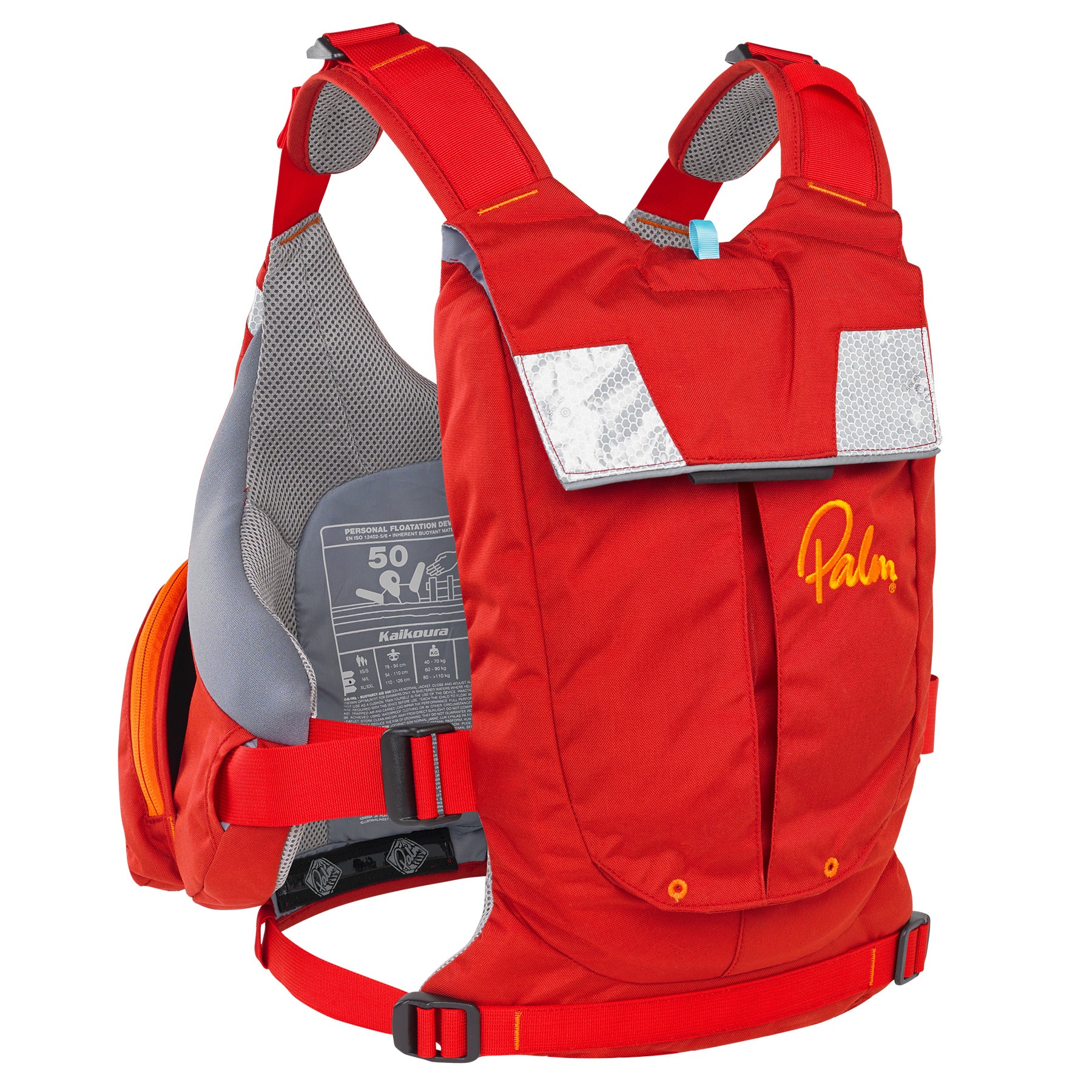 Palm Kaikoura in red from the rear showing the hydration pocket and reflective strips