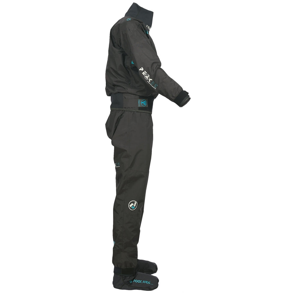 side view highlighting the pre-bent arms of the EVO Peak Whitewater Drysuit