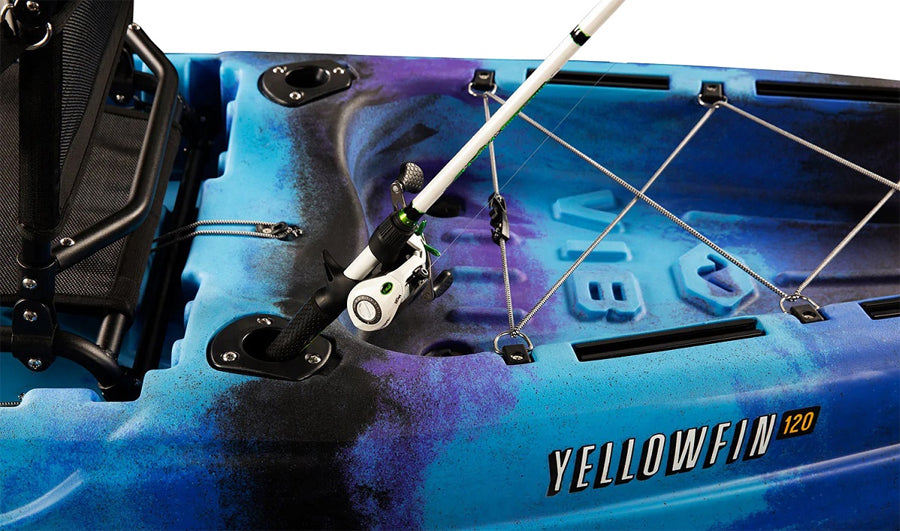 Vibe Yellowfin 130 showing flush mount rod holder in use