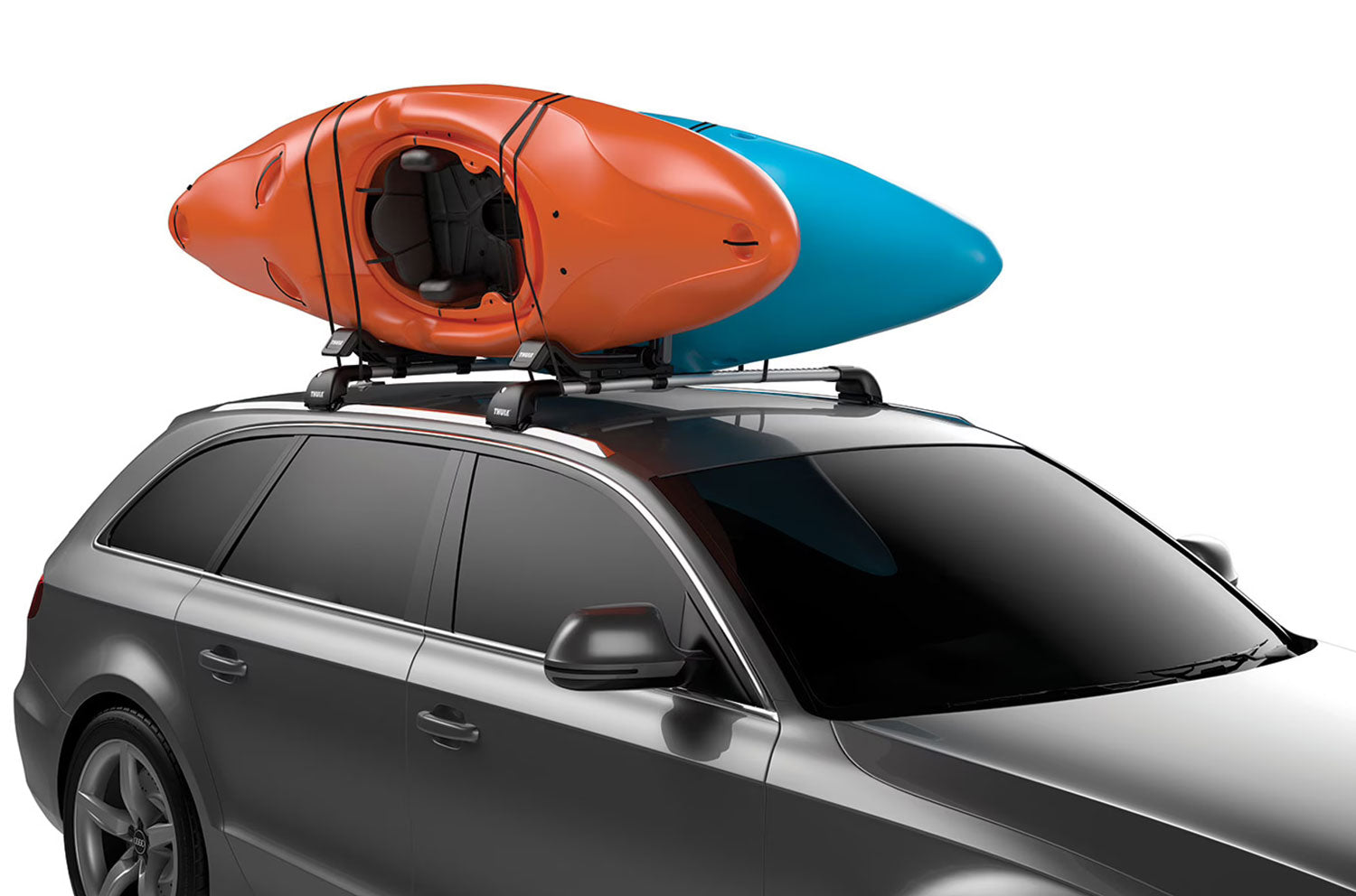 Thule Hull-a-Port XT 848 in upright position carrying two kayaks
