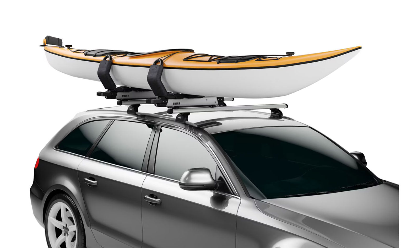 Thule Hullavator Pro on Thule ProBars with a kayak strapped on